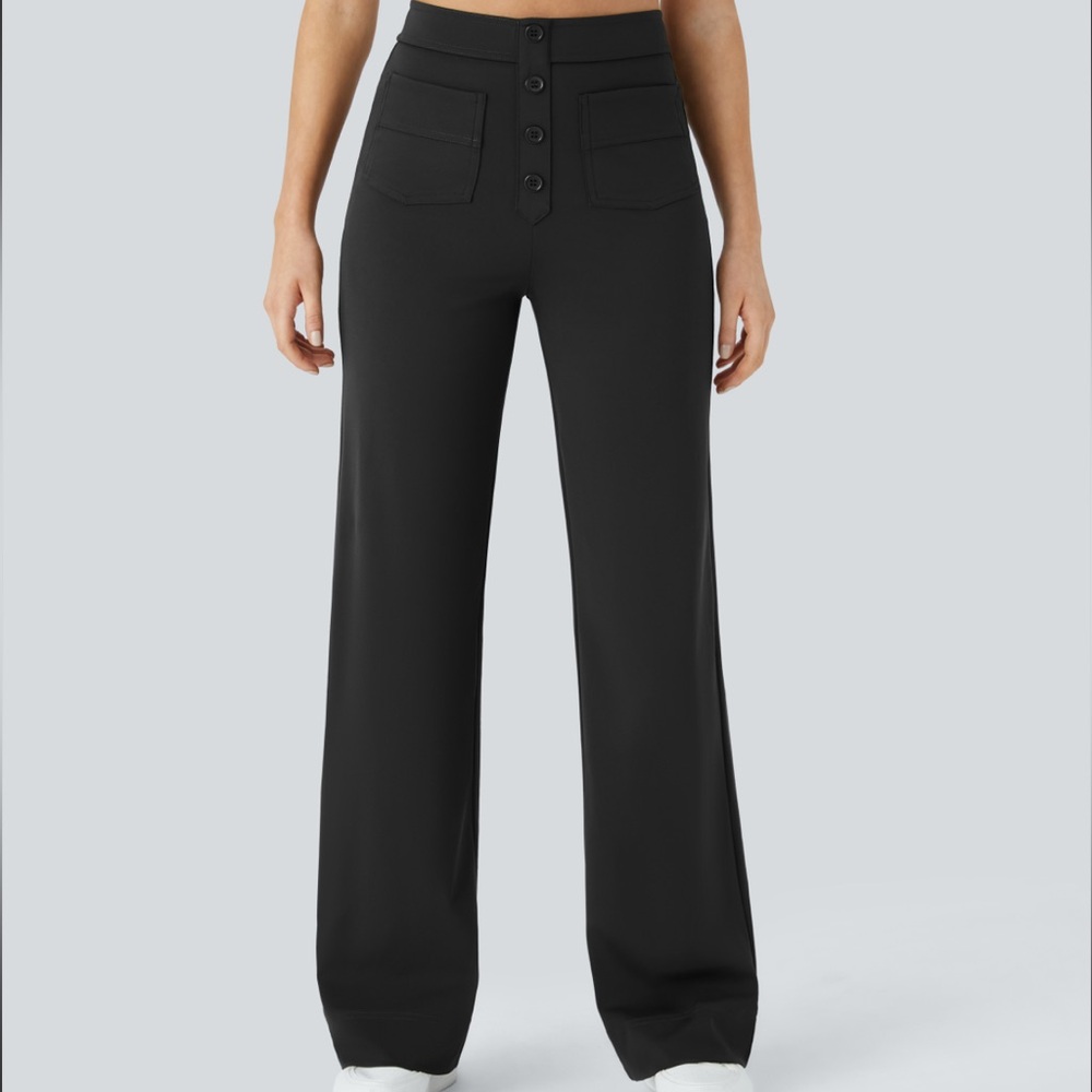High Waisted Button Multiple Pockets Straight
Leg Casual Pants - L